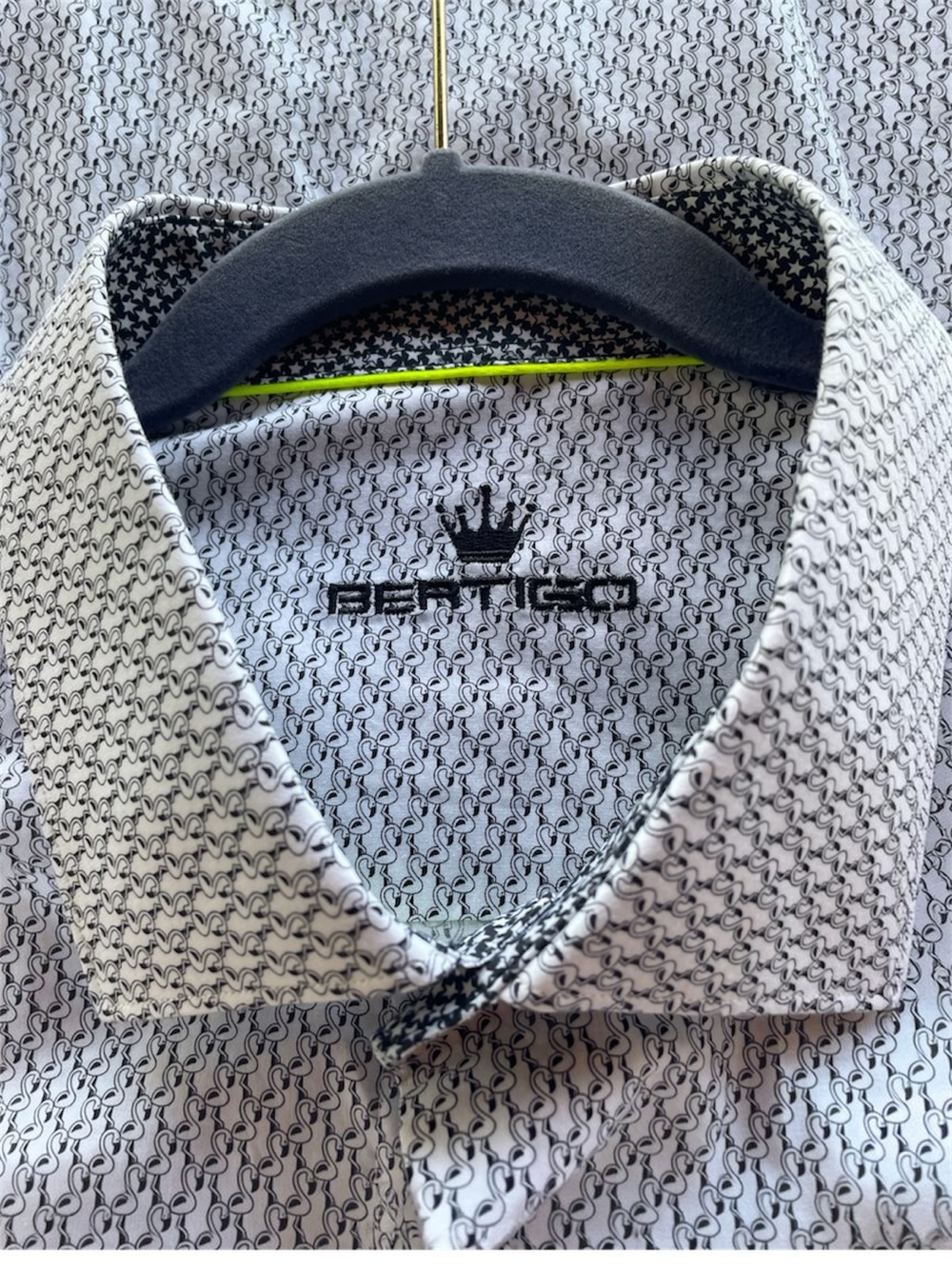 Bertigo Men's Button-Down Shirt in White with Black Micro-Flamingo Print 2XL